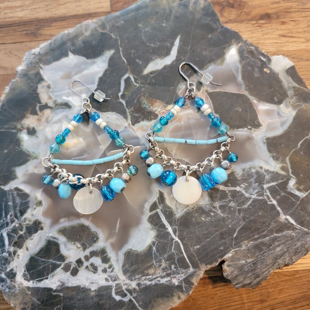 2" Trapezoid Blue Beaded Dangle Earrings - Picture 2 of 8